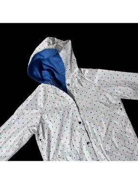 Vintage Girls Reversible Hooded Raincoat Jacket White Heart Blue 80s Size Large